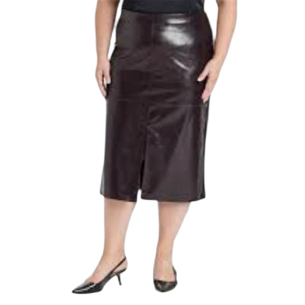 A New Day Brown Faux Leather Pencil Midi Skirt Womens Sz 12 Night Out Office New